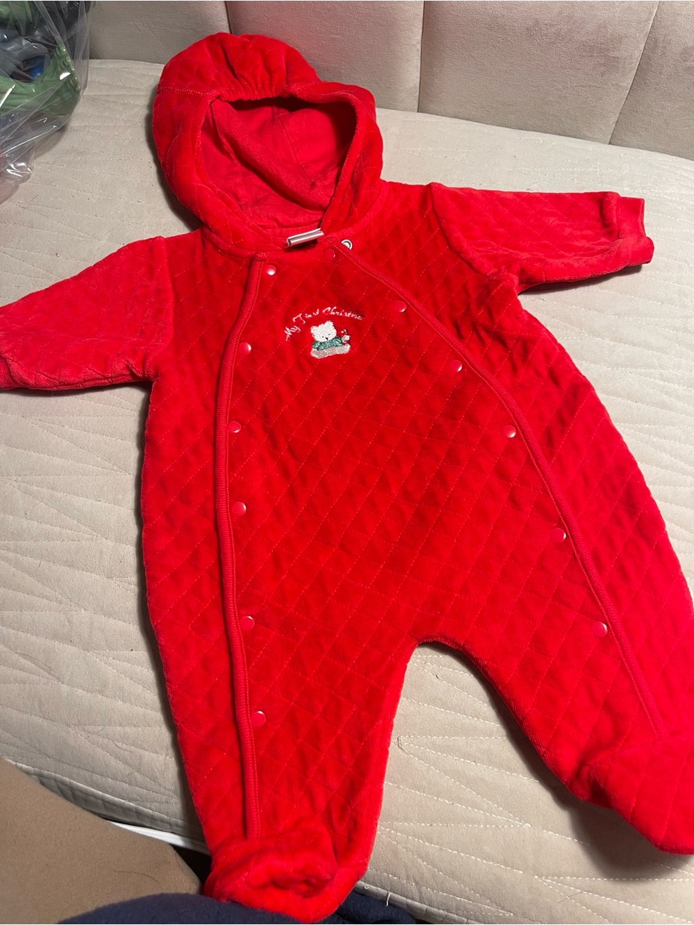 Little Me My First Christmas Red Quilted Hooded Baby One-Piece Footie